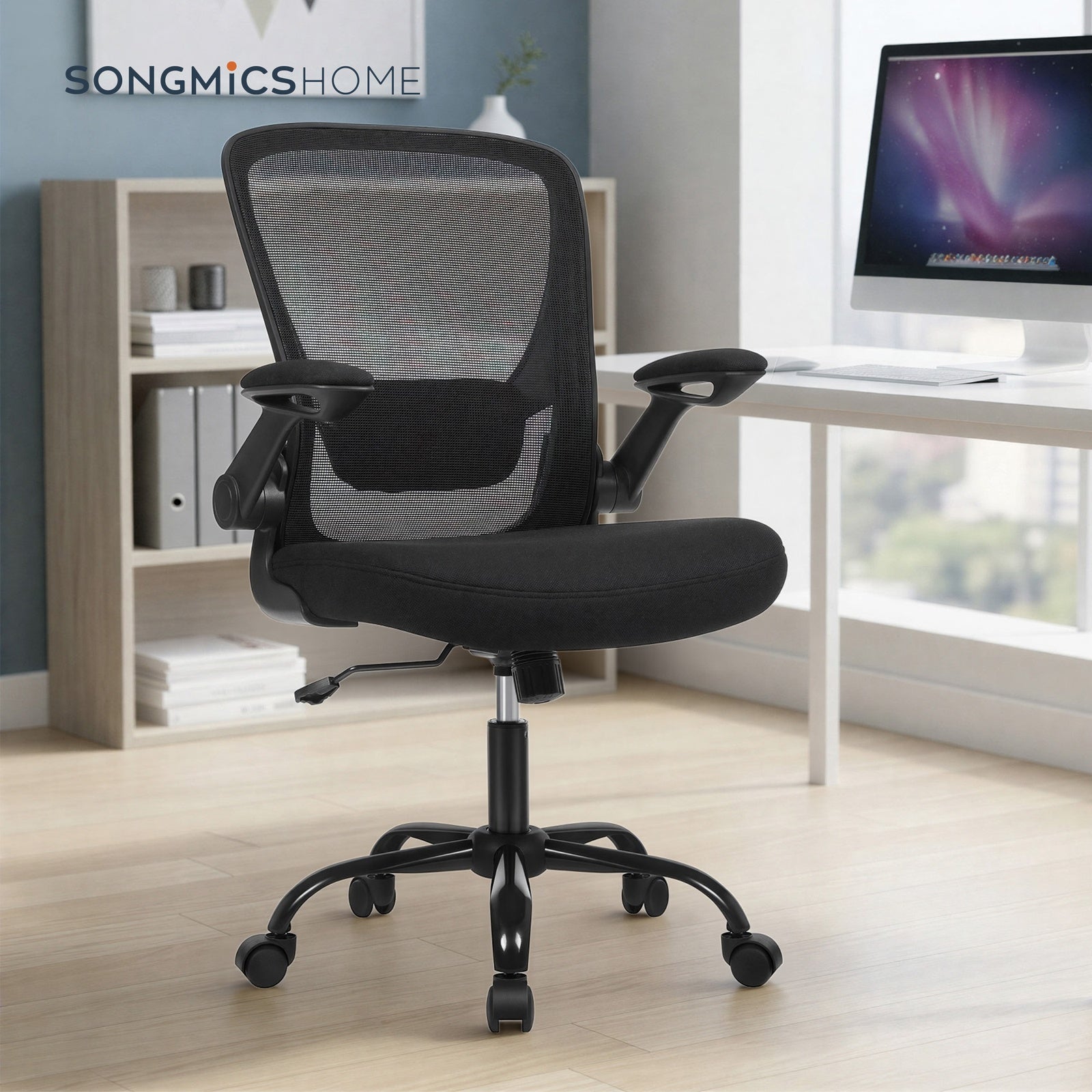 JOYFURNOS Fauteuil ergonomique en tissu noir d’encre – 60×64×（103-110）cm, soutien lombaire rembourré, accoudoirs relevables, mécanisme à bascule – idéal pour le bureau à domicile