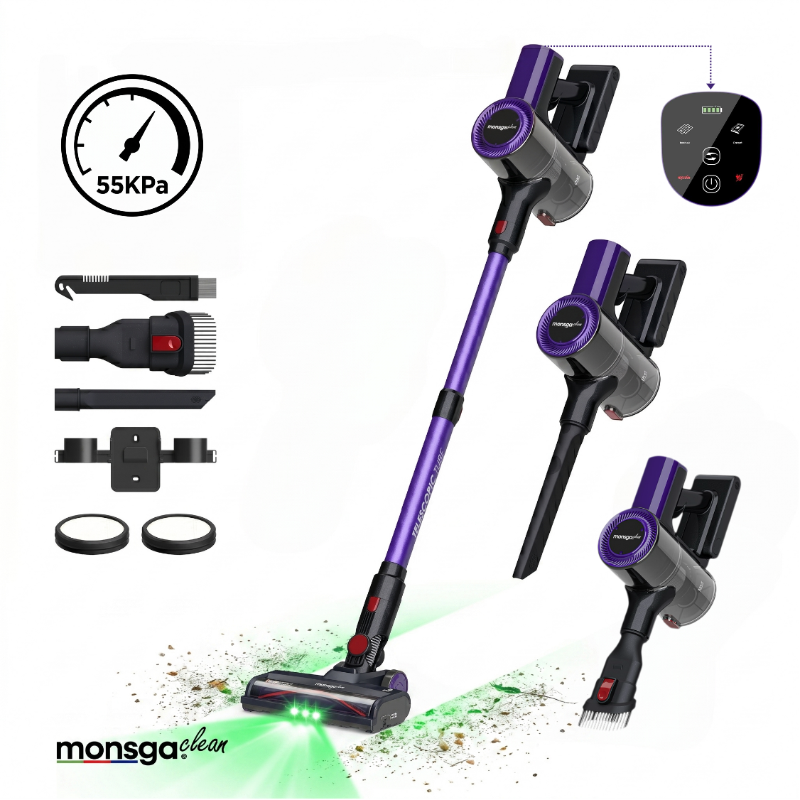 monsga M100 aspirateur sans fil autonome, 55000 Pa 45 min aspirateurs pour la maison, écran tactile, révélation de la poussière par lumière verte, brosse roulante anti-emmêlement, bac à poussière XL, rechargeable pour poils d'animaux/tapis