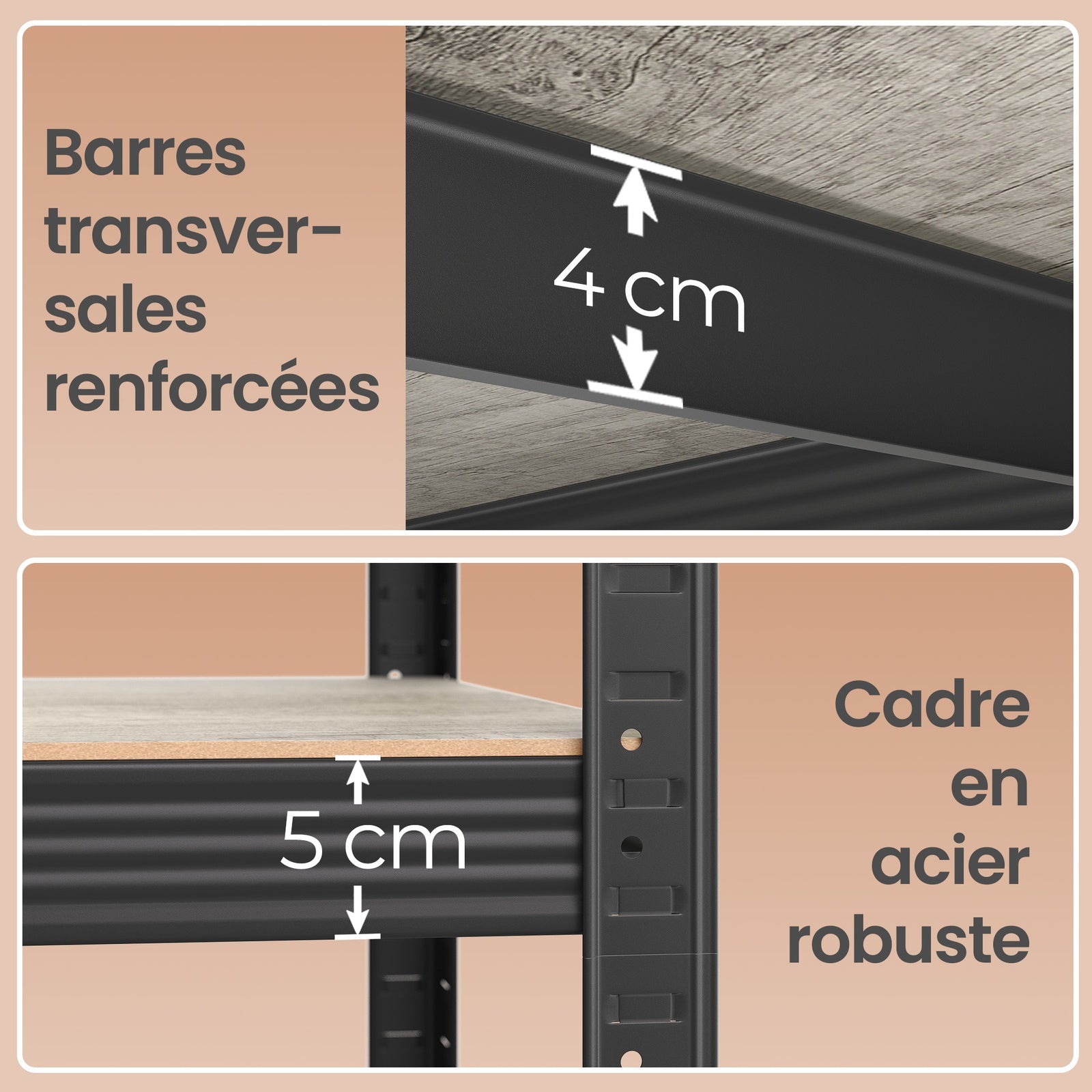 Ochama Étagère de charges lourdes, étagère de stockage, étagère de cave, structure en acier, 5 étagères réglables, grège et noir