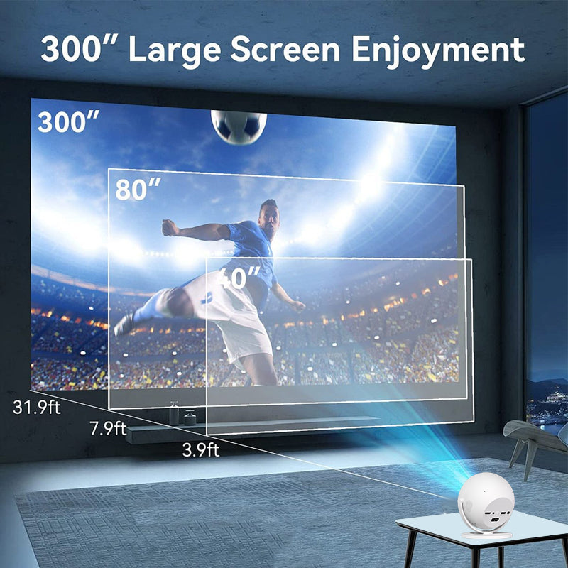 XBJ Projecteur intelligent portable 360°, Full HD 1080P, Rotation à 360° pour projection plafond/mur/table, Projecteur d’extérieur, 500 lumens, Écran 120 pouces, Correction trapézoïdale automatique et 6D, Home cinéma, Wi-Fi/BT/HDMI, Compatible avec t