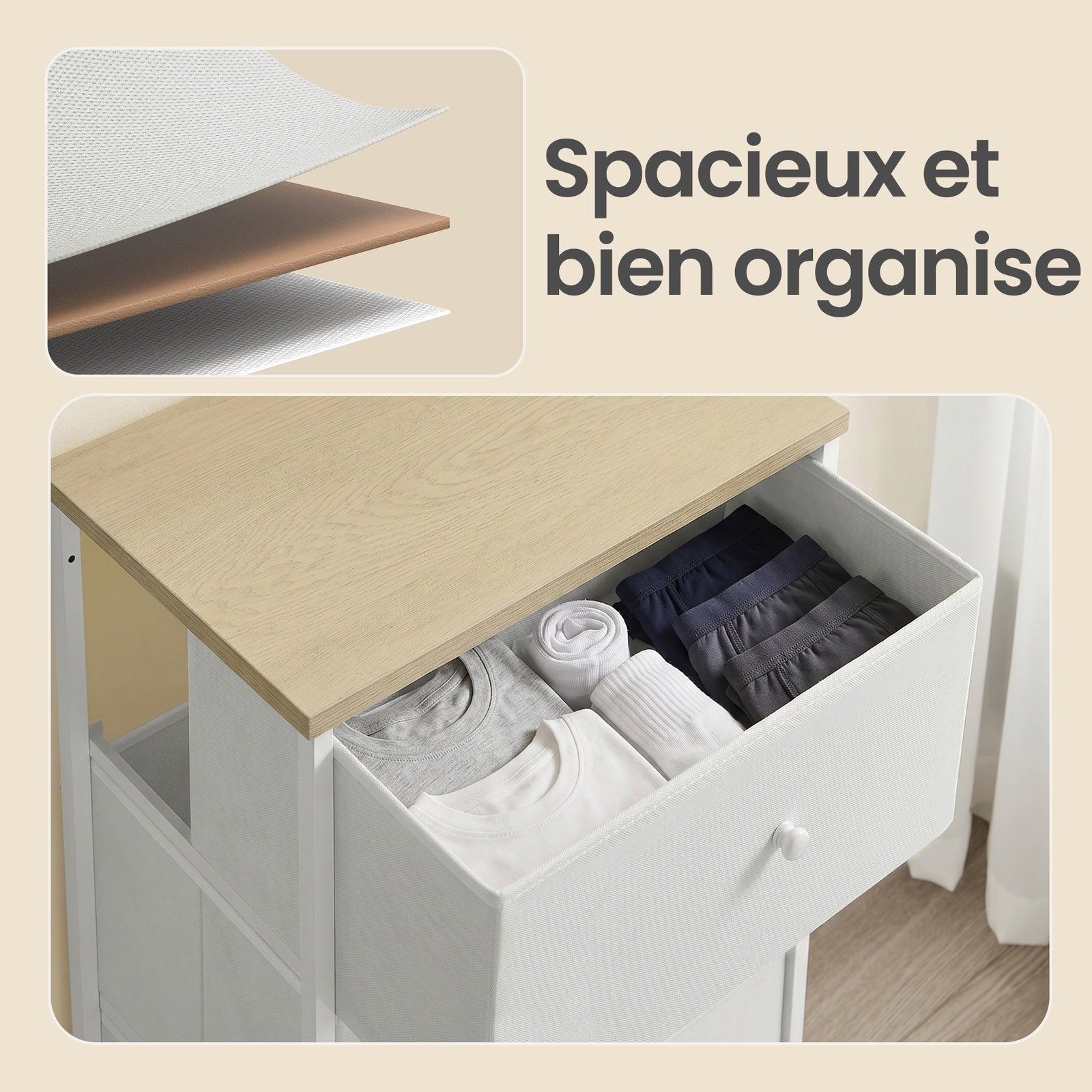 JOYFURNOS Commode en tissu pour chambre, avec 4 tiroirs, cadre en métal, blanc