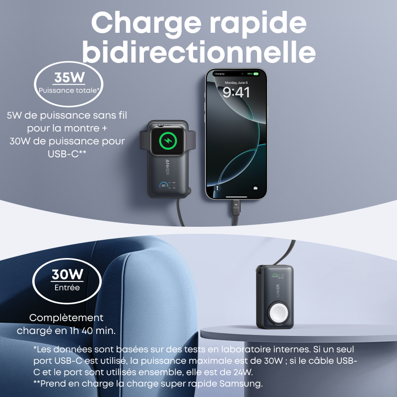 Anker MagGo Batterie externe pour Apple Watch - 10 000 mAh - 35 W - Noir