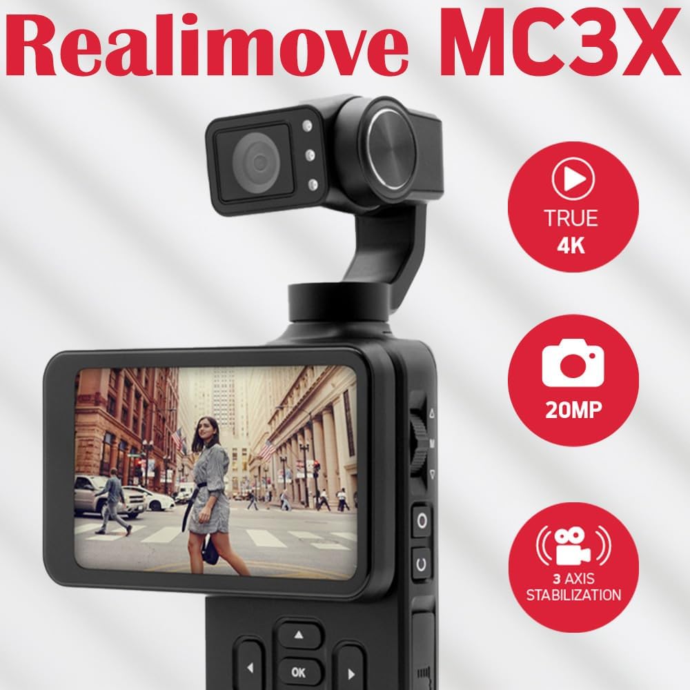 AGFAPHOTO Stabilisateur de caméra photo avec vidéo 5K, 3 axes et grand angle 120 °