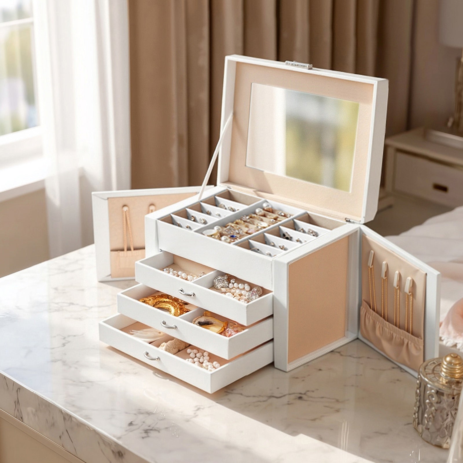 JOYFURNOS Boîte à bijoux 3 niveaux, Organisateur de bijoux avec 2 tiroirs, Étui à bijoux avec étui de voyage portable, Avec poignée, Verrouillable, Rangement pour bijoux, Cadeau pour les proches, Blanc