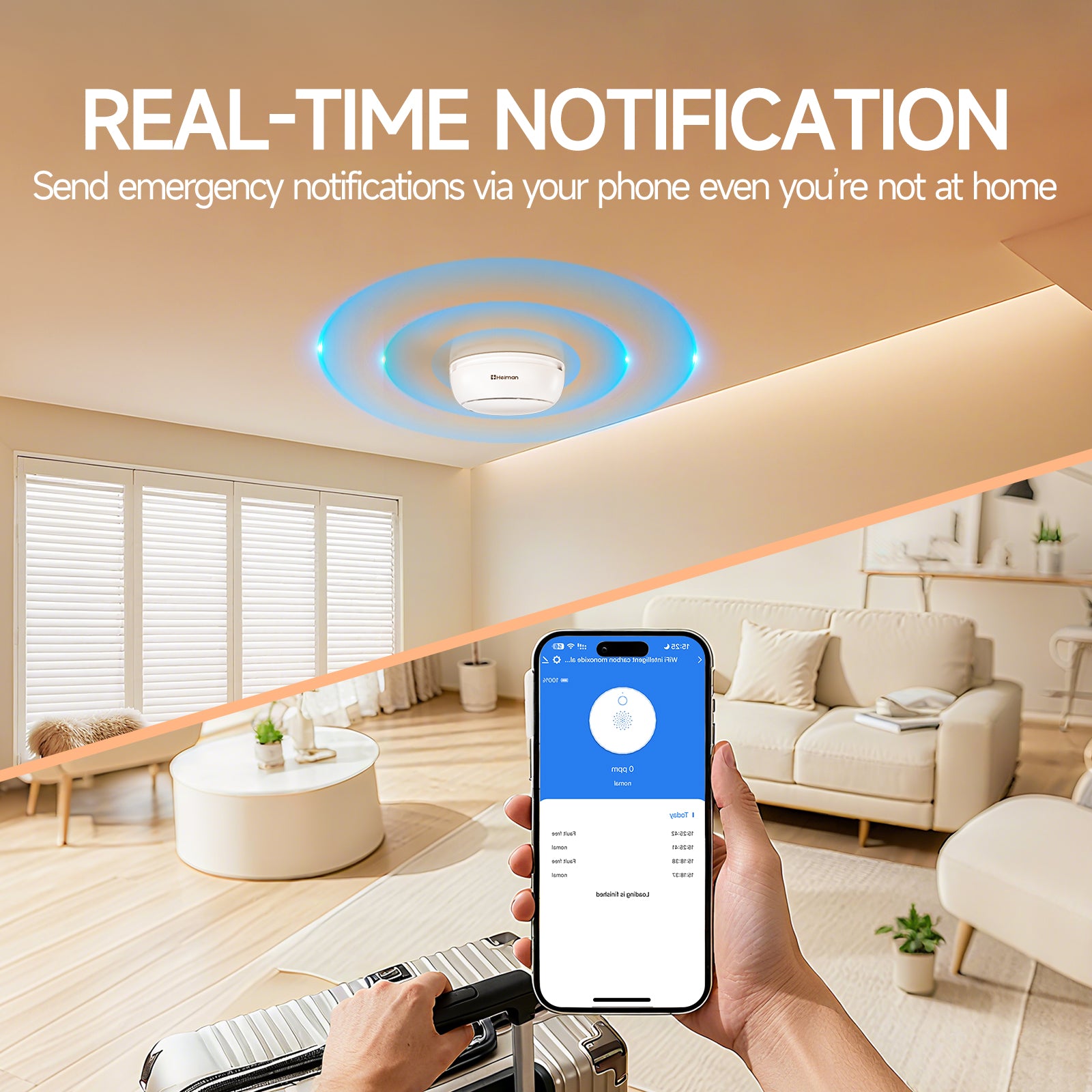 HEIMAN Détecteur de fumée Wi-Fi WLAN intelligent, avec application, batterie remplaçable, alarme 85 dB et bouton d'arrêt, conforme EN 14604