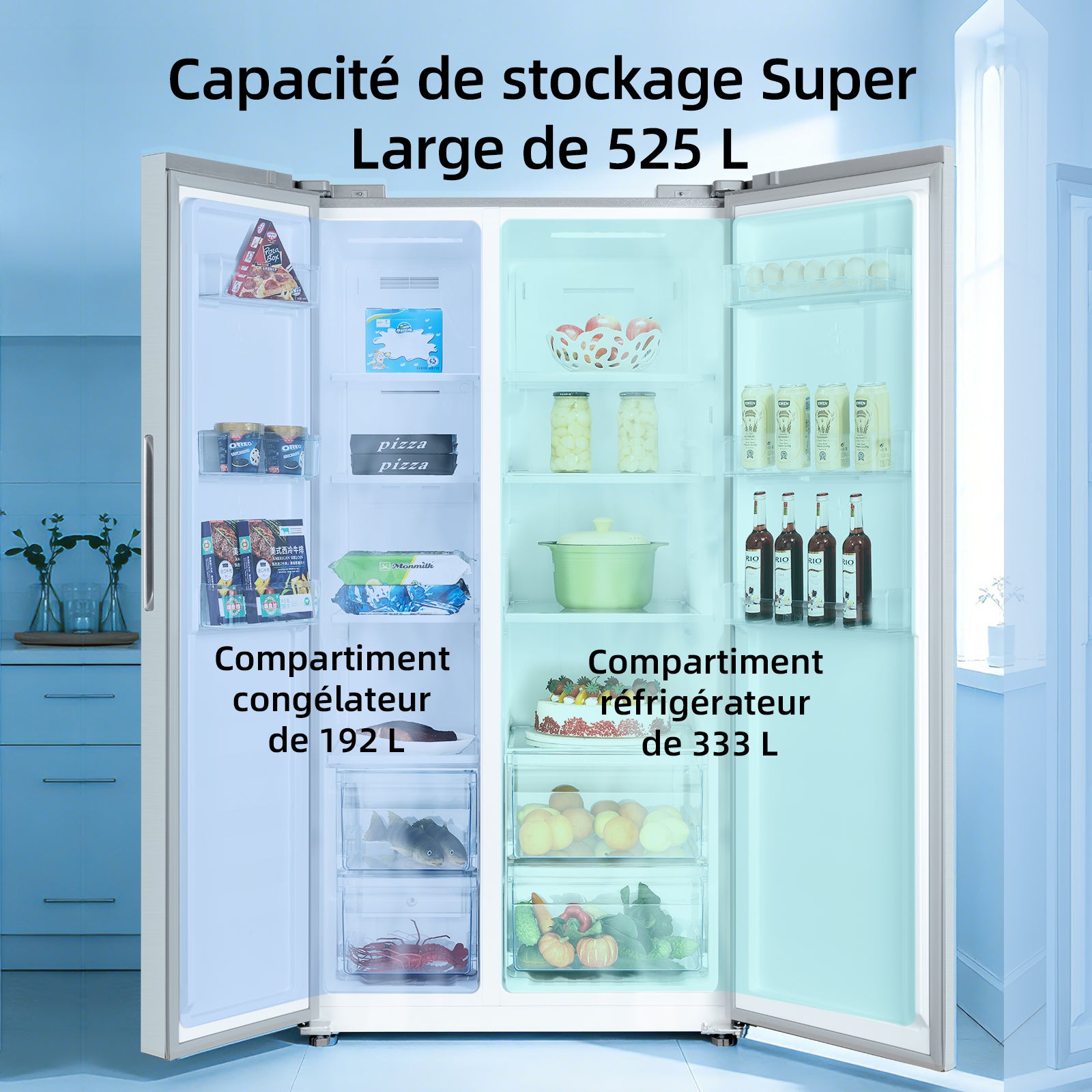 CHiQ JR525WSE Réfrigérateur-congélateur américain 525 L, sans givre, circulation d'air multiflux, réfrigérateur 333 L et congélateur 192 L, compresseur à vitesse variable