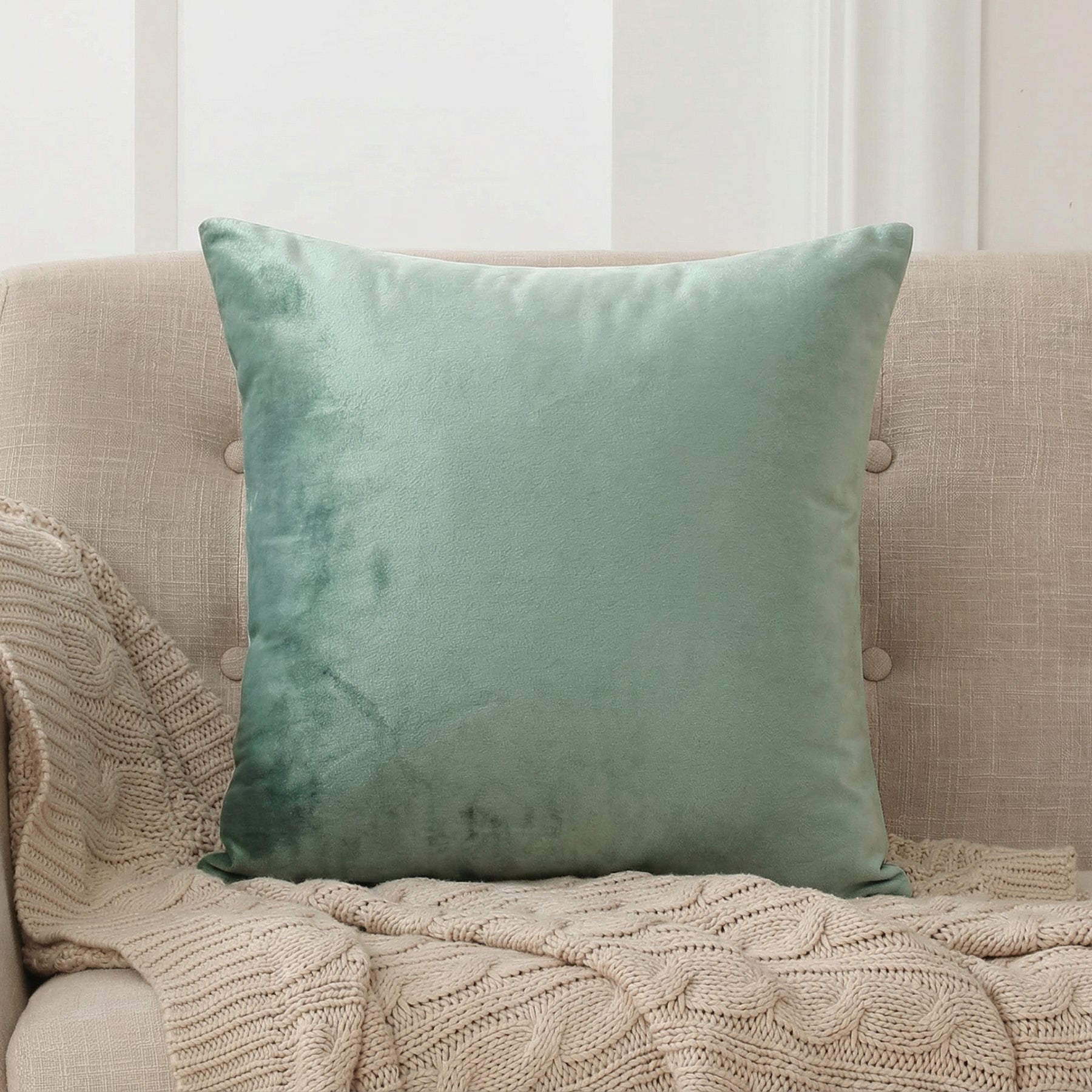 Deconovo Housse de coussin en velours néerlandais, coloris vert clair, 45 x 45 cm, 1 pièce