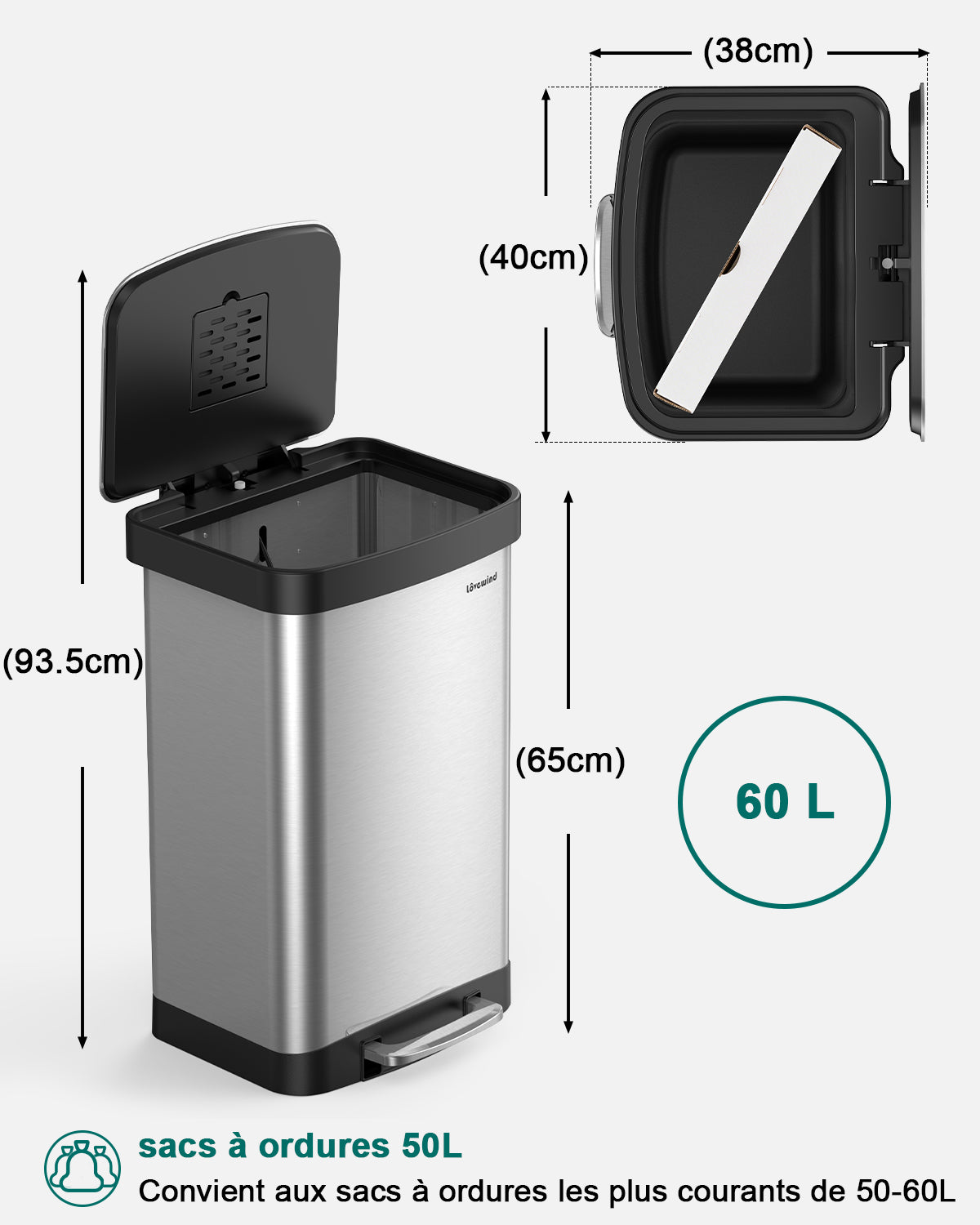 Lovewind Poubelle de cuisine Lovewind, Poubelle en acier inoxydable 16 gallons / 60 litres avec couvercle à fermeture douce, Grand poubelle de cuisine en métal avec bac à liquide amovible, Poubelle de recyclage pour cuisine bureau, Noir