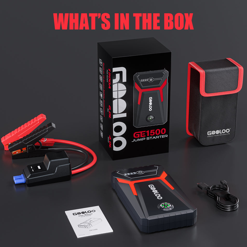 (GOOLOO10) Démarreur de voiture GOOLOO GE1500 avec batterie externe, démarreur de secours 1500 A, boosteur de batterie de voiture 12 V extrêmement sûr