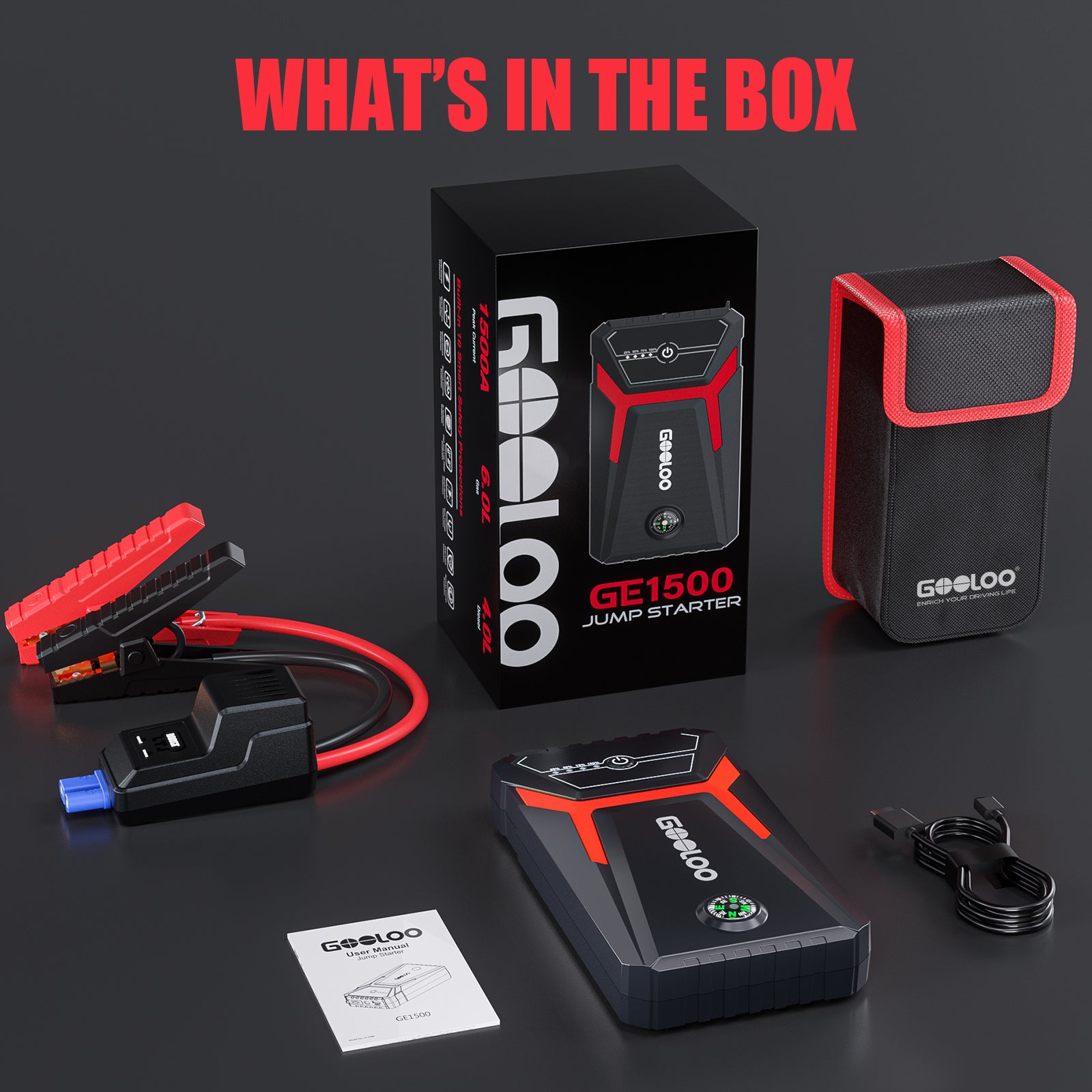 (GOOLOO10) Démarreur de voiture GOOLOO GE1500 avec batterie externe, démarreur de secours 1500 A, boosteur de batterie de voiture 12 V extrêmement sûr