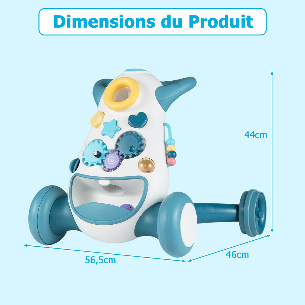 Poussette d'apprentissage pour bébé avec musique et lumières, aide à la marche, jouet de tri de formes et engrenages rotatifs, bleu