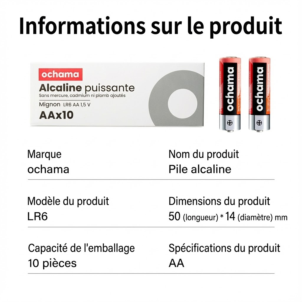 Ochama Piles AA 10 pièces, Alcalines, sans mercure, Écologiques, pour tensiomètre/lecteur de glycémie/serrure à empreinte digitale/télécommande/balance numérique/jouets 10 pièces