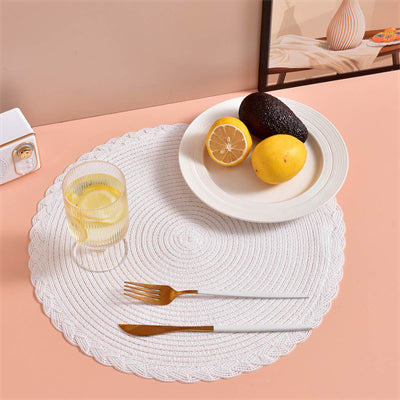 Lot de 6 Sets de table ronds tressés 38 cm, Anneau extérieur patchwork polyester à trois brins Blanc, Antidérapants, Pour maison, cuisine et table à manger, Parfaits pour fêtes
