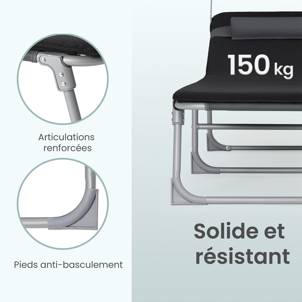 Ochama Chaise Longue de Jardin Pliante avec Dossier Réglable, Transat Extérieur, Appui-tête, Terrasse, Gris et Noir