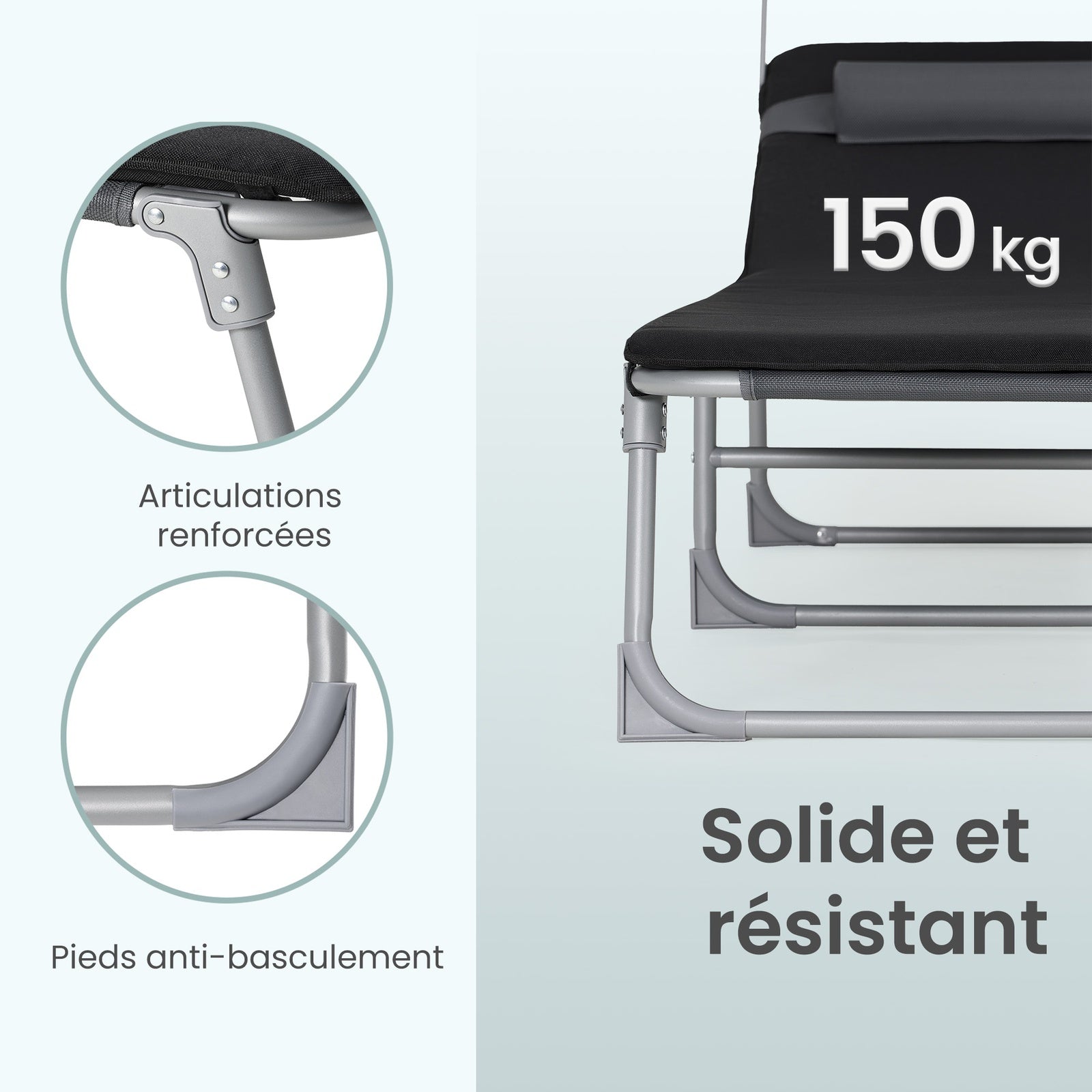 Ochama Chaise Longue de Jardin Pliante avec Dossier Réglable, Transat Extérieur, Appui-tête, Terrasse, Gris et Noir