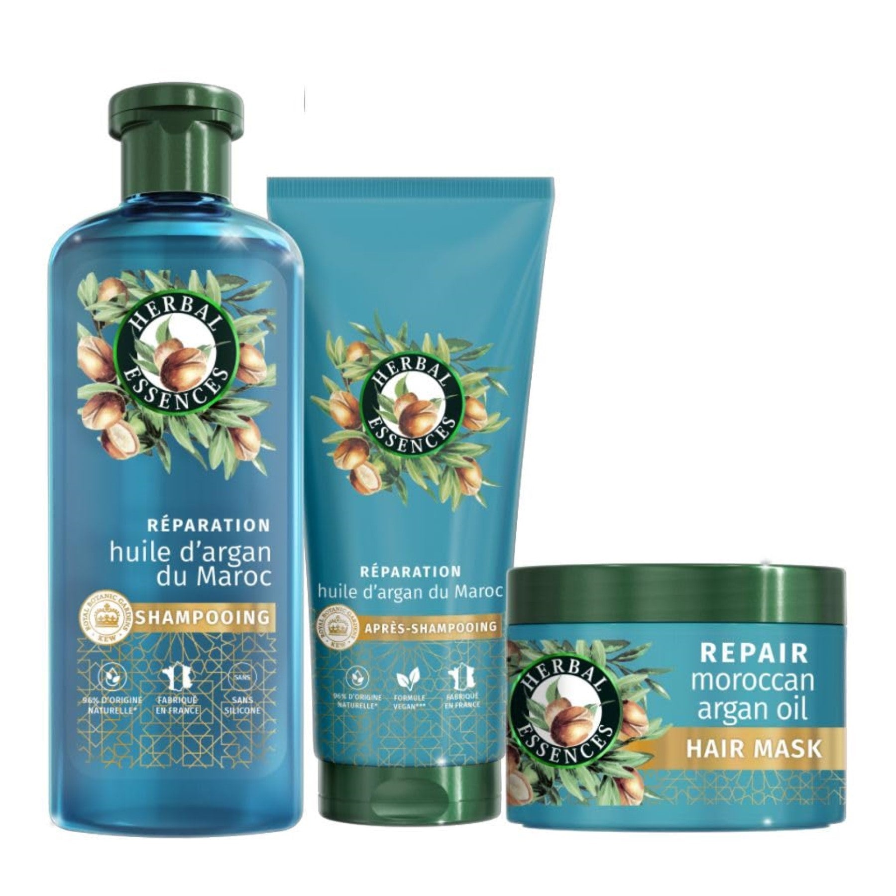 HERBAL ESSENCES Routine de réparation à l'huile d'argan avec shampooing 250 ml, après-shampooing 200 ml & masque 500 ml