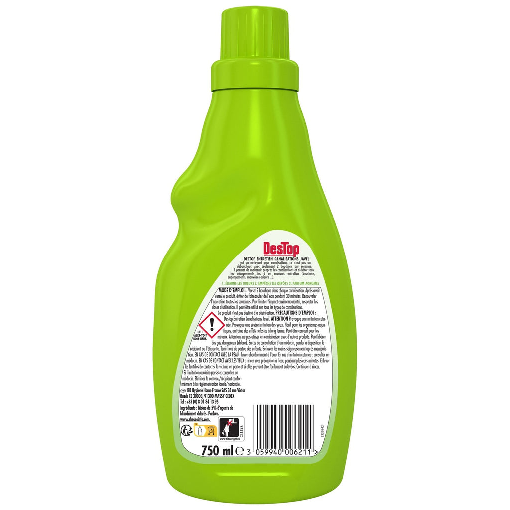 Destop 2-en-1 Gel d'Entretien Canalisations Javel, 4 Actions, Fraîcheur Agrumes, 750 ml