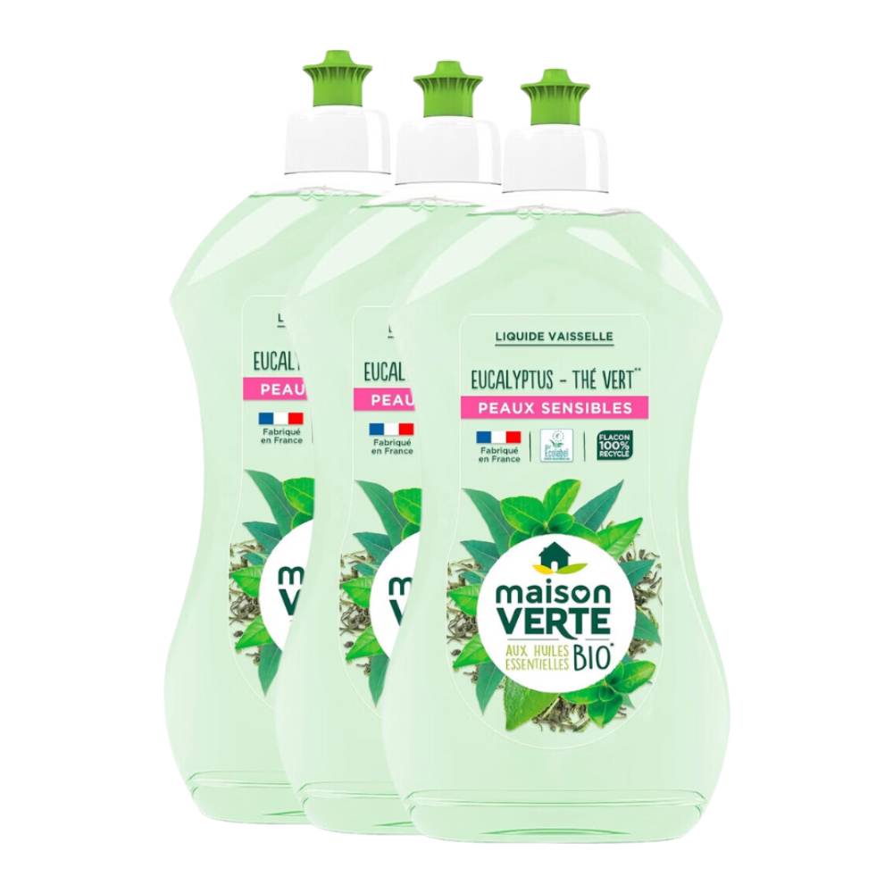 Maison Verte Liquide Vaisselle, Eucalyptus & Thé Vert, Huiles Essentielles Biologiques, 3 x 500 ml (= 1,5 L)