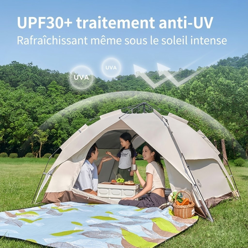 Ochama x J.ZAO Tente double couche - Matériel extérieur de randonnée et camping - Tente dôme - Déploiement automatique - Couleur fromage 3-4 personnes, Beige