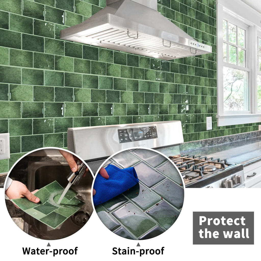 Art3d Autocollants de carrelage adhésifs pour plan de travail de cuisine, lot de 10, 30 x 30 cm, style carrelage de métro en vinyle, pour salle de bain, buanderie, camping-car, hotte aspirante, vert