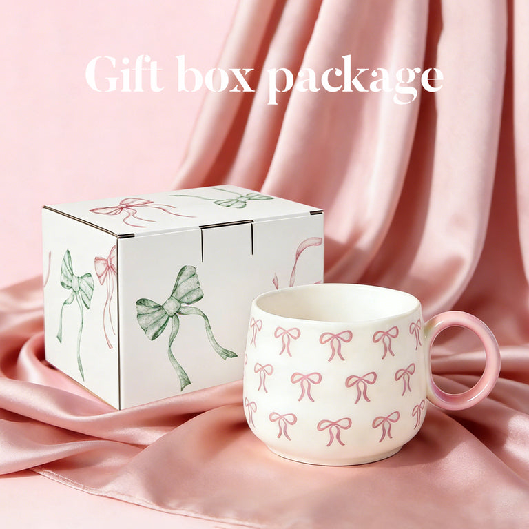 Tasse à café en céramique 400 ml Motif nœud rose Coffret cadeau inclus Pour femmes Design élégant