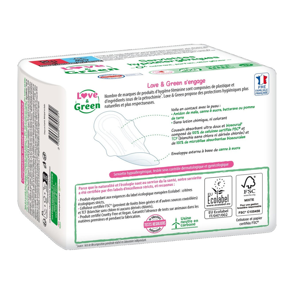 LOVE & GREEN Serviettes Hygiéniques Hypoallergéniques avec Ailettes Super - 12 serviettes