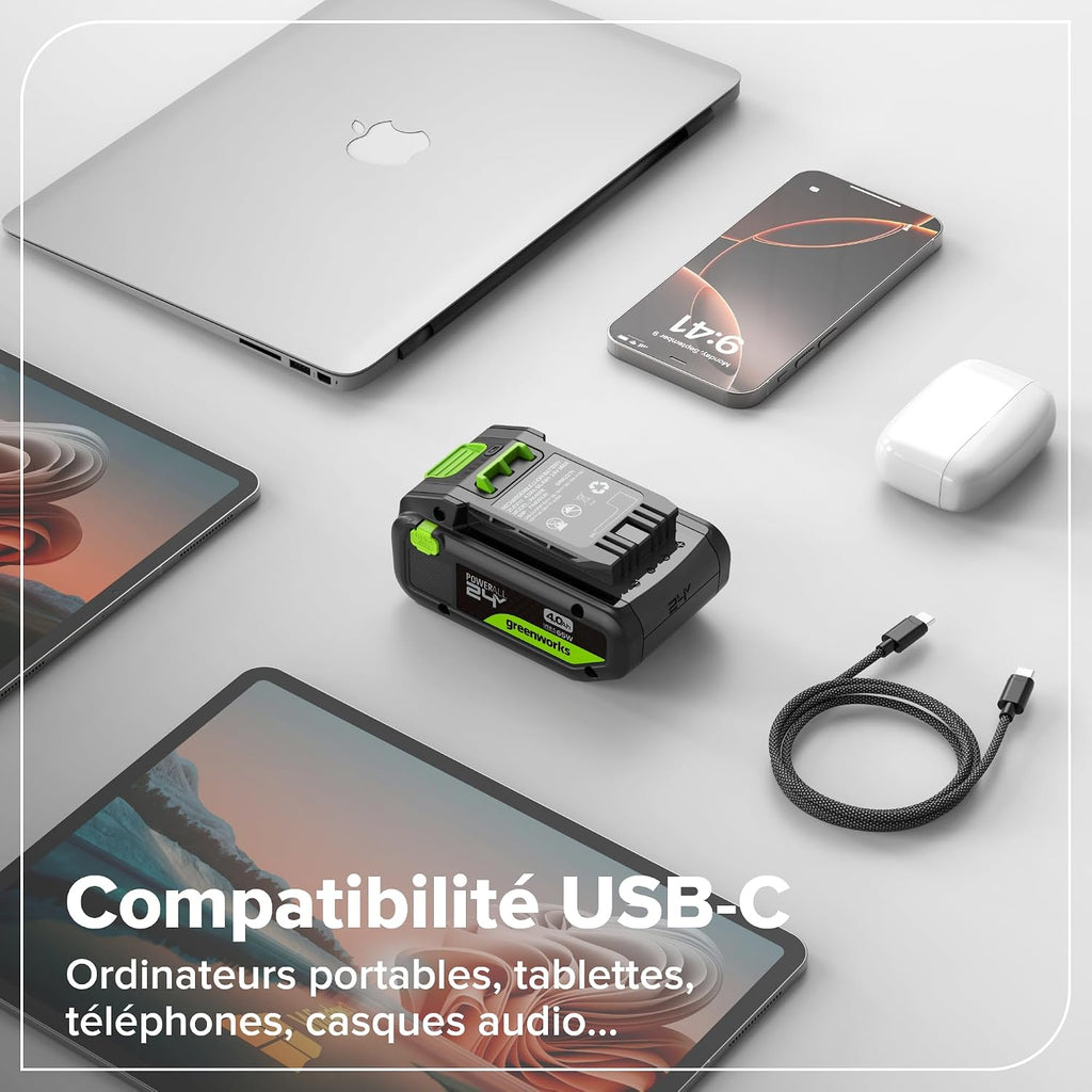Greenworks Kit de Démarrage 24 V 1x Batterie USB HP 4 Ah + Chargeur 65 W + Câble 100 W 1 m