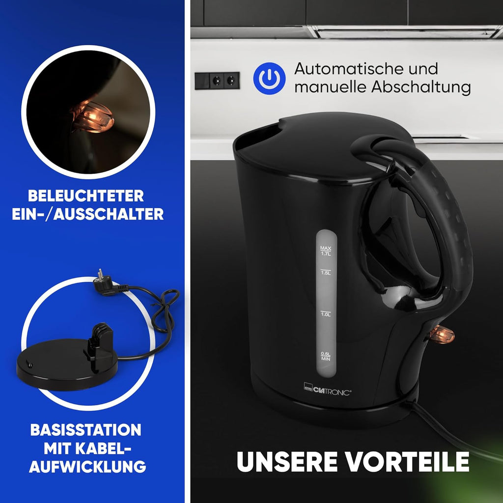 Clatronic WK-3819 Bouilloire électrique noire à ébullition rapide 2200 W - 1,7 L