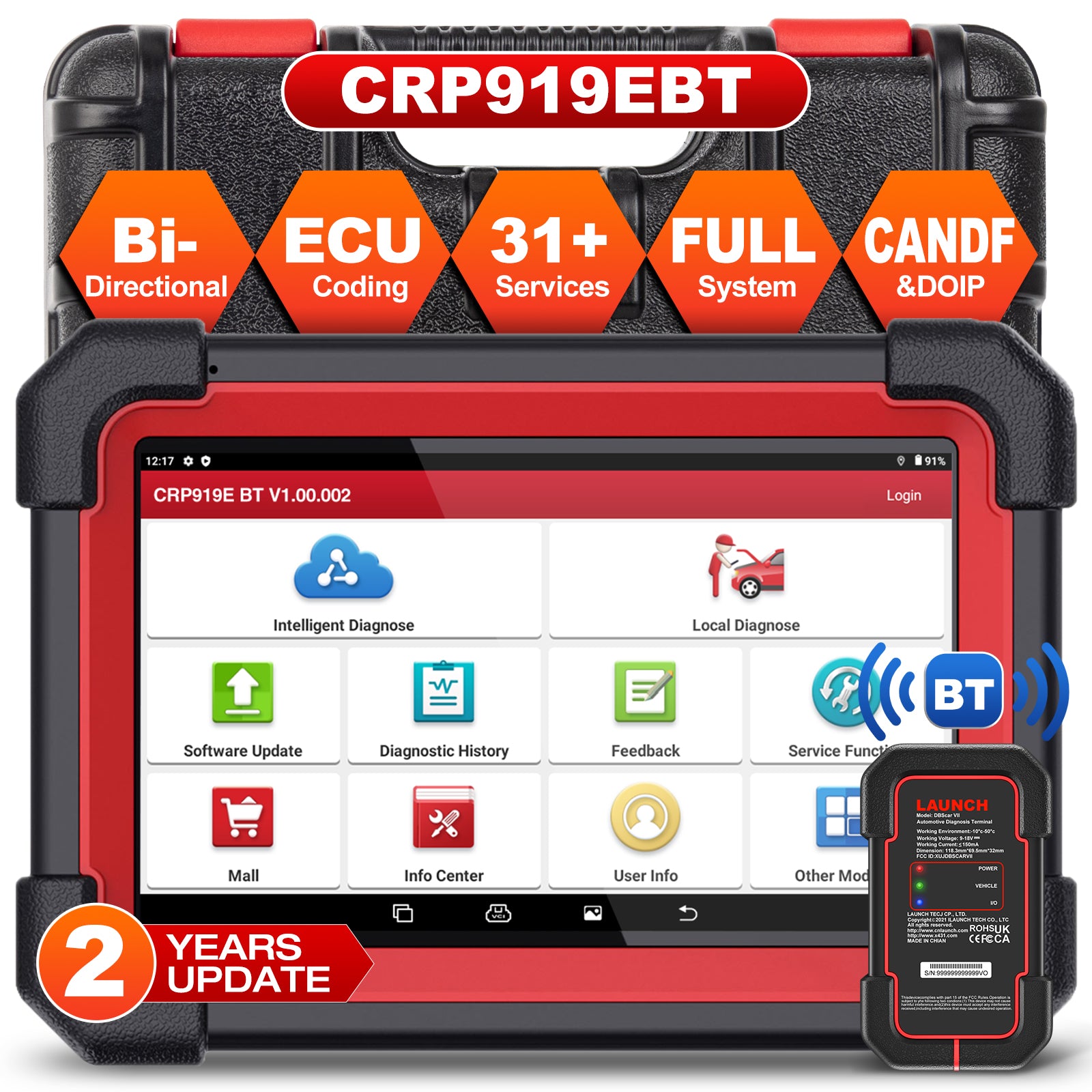 LAUNCH X431 CRP919E BT Outil de diagnostic automobile avec scanner OBD/OBD2, tous systèmes, CAN-FD/DOIP, tests actifs et 31 réinitialisations ECU