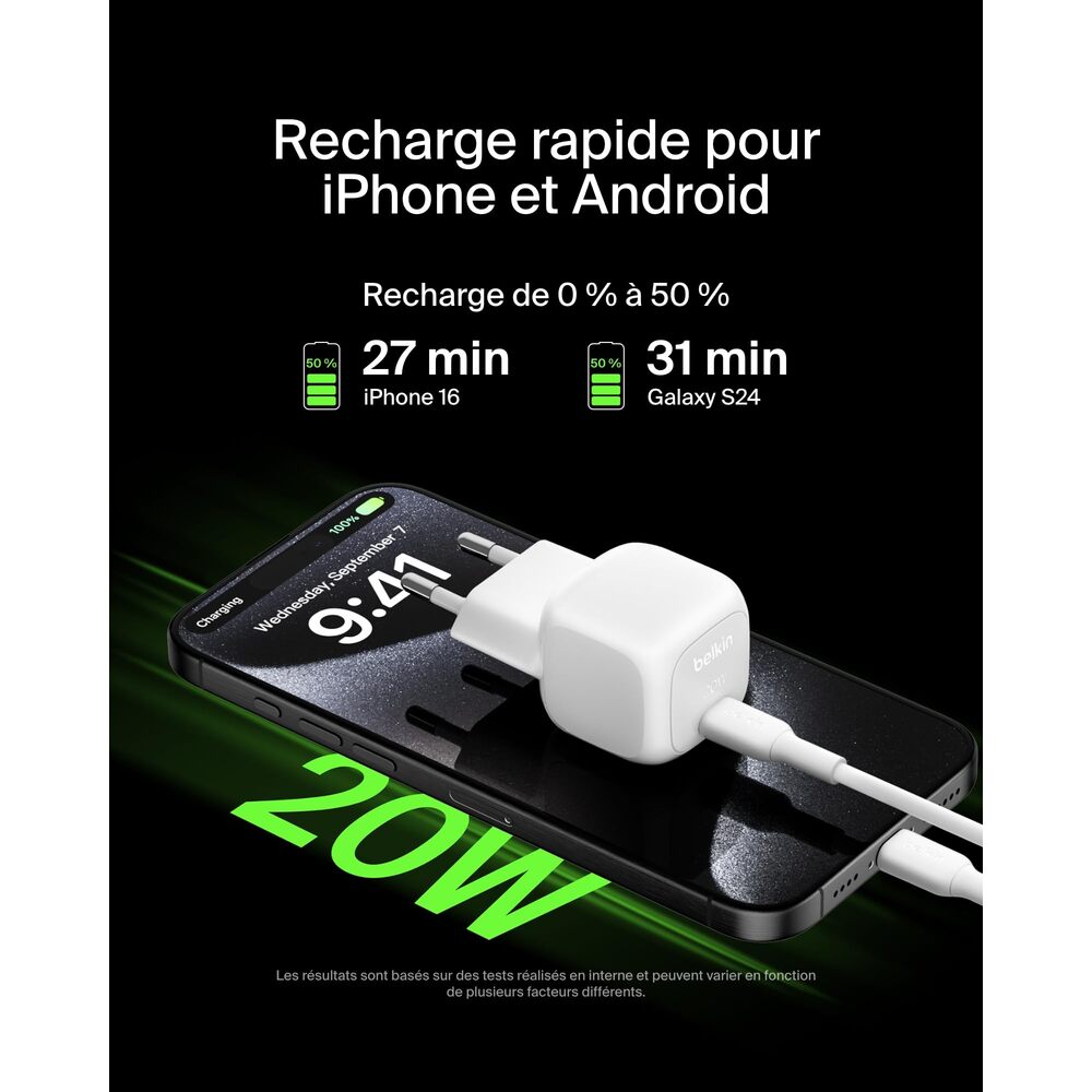 Belkin 20 W USB-C Power Delivery Chargeur Secteur pour Téléphones Portables, Inclus un Câble USB-C vers USB-C de 1 mètre, Blanc