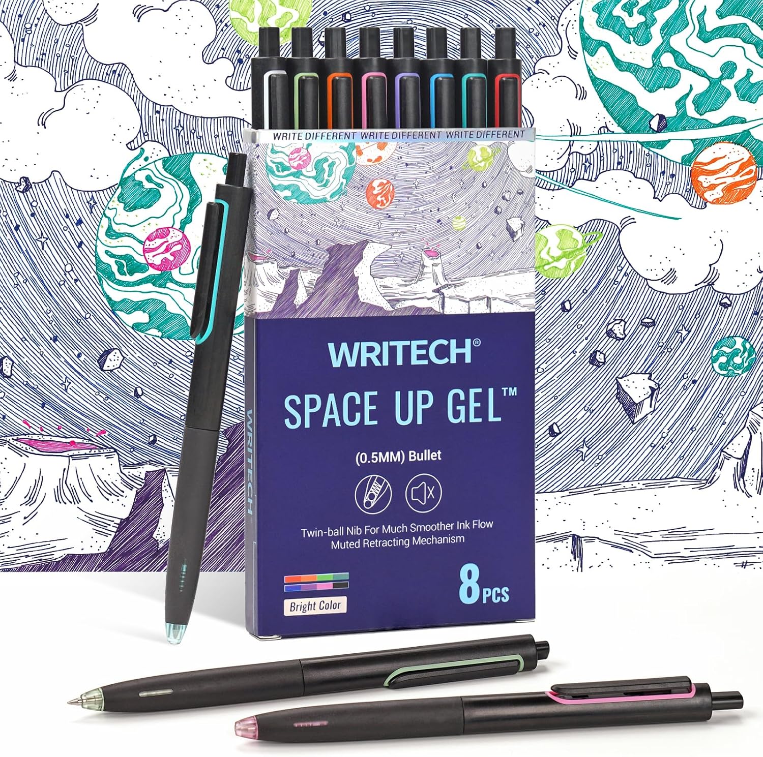 Writech Lot de 8 stylos-bille rétractables à encre gel 0,5 mm - Couleurs variées