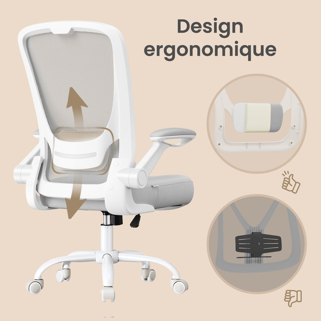 JOYFURNOS Chaise de bureau ergonomique pivotante en mesh, accoudoirs pliants, gris clair