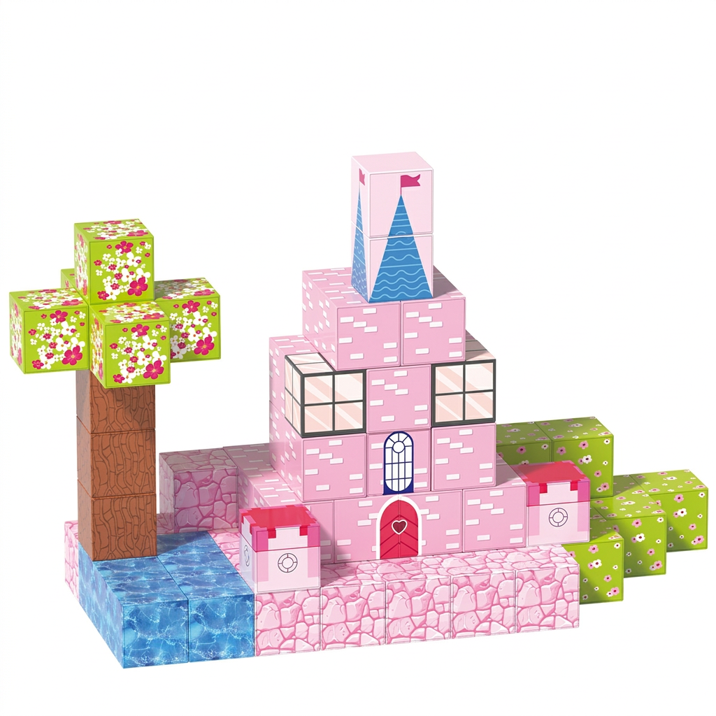 XINQIYUAN Jouet éducatif ensemble de blocs de construction magnétiques Monde château rose 2,5 cm 78 pièces [Mélange aléatoire – Couleurs de l’image principale uniquement]