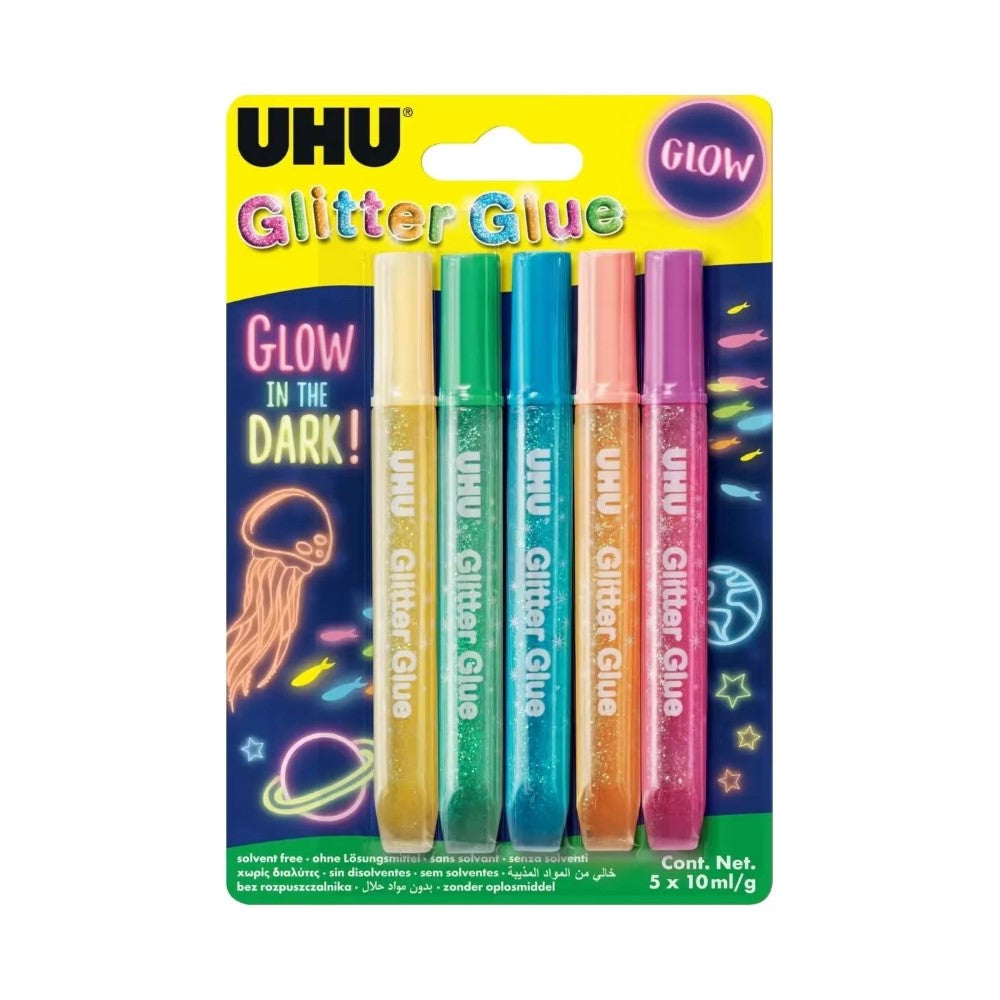 UHU GLITTER GLUE Glow in the dark 5x10ml
