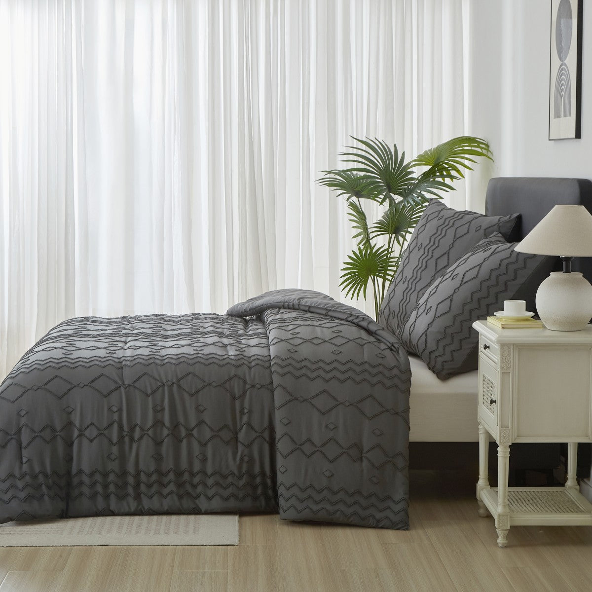 MEEALLHOME Parure de lit tuftée gris foncé - 1 housse 140 x 200 cm et 1 taie 65 x 65 cm