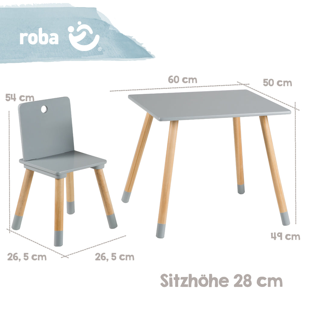 roba Ensemble Table et 2 Chaises pour Enfants avec Pieds en Bois Massif (Style Scandinave / Naturel & Gris)