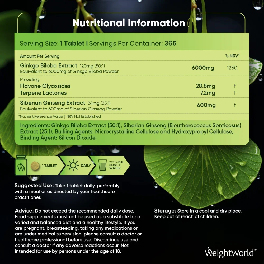 WeightWorld Complexe de Ginkgo Biloba 6600 mg - 365 comprimés