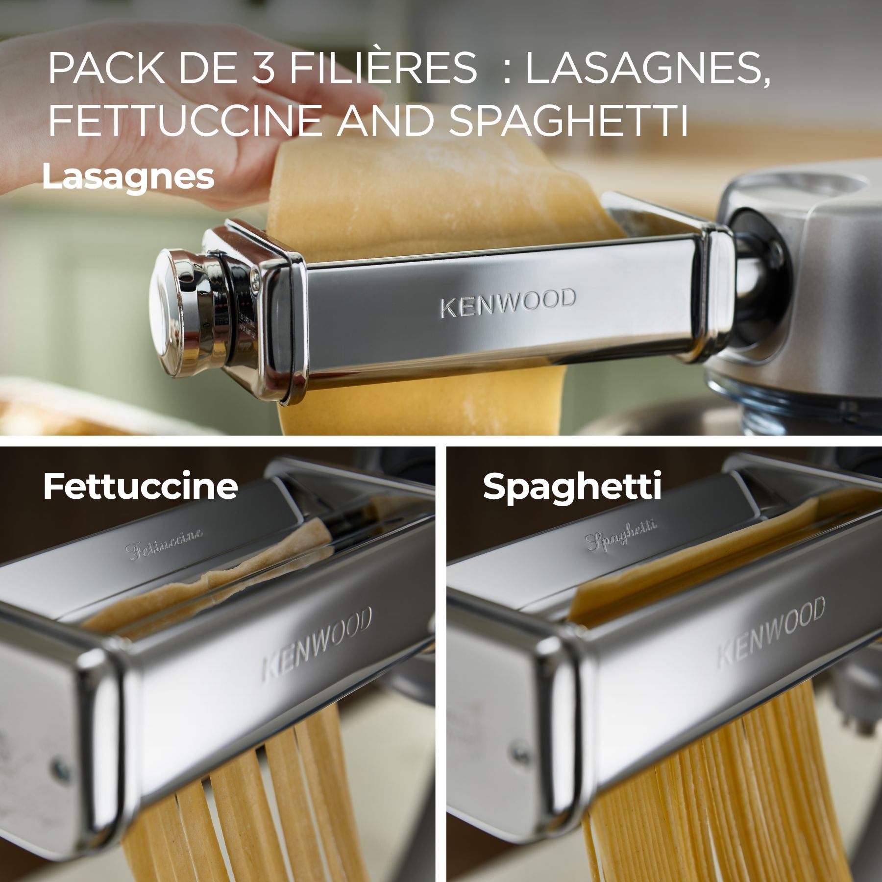 KENWOOD Accessoire Chef, Kit à pâtes (Lasagnes/Fettuccine/Spaghettis), MAX980ME, Argent