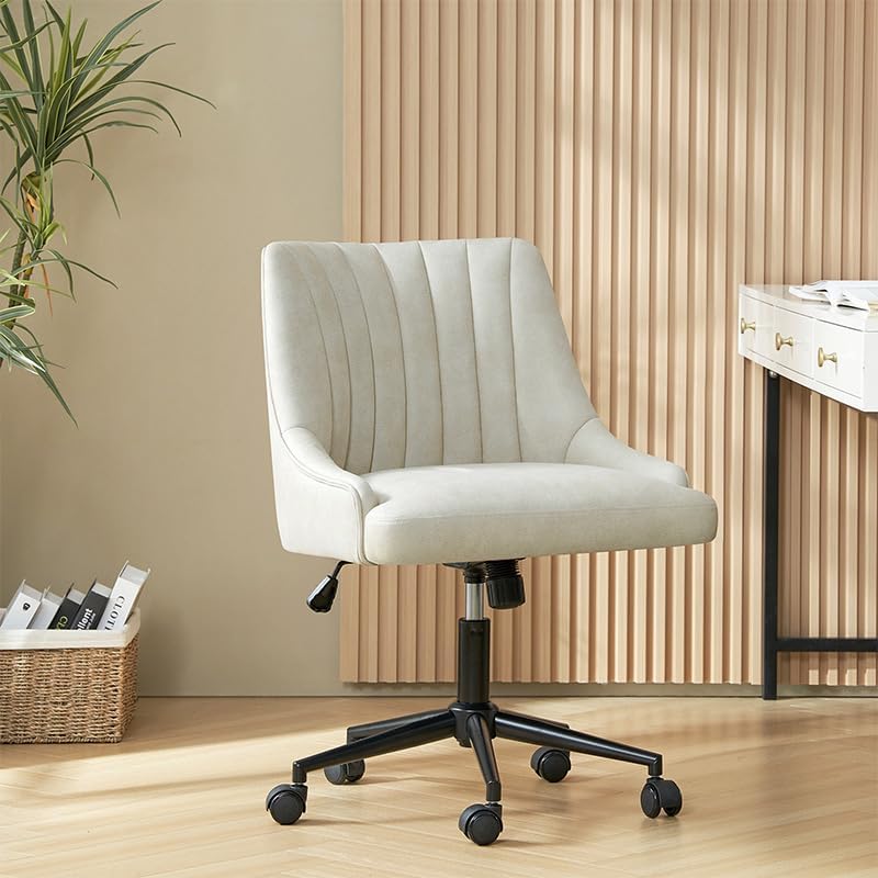 HULALA HOME Chaise de bureau moderne sans accoudoirs avec assise rembourrée, dossier matelassé, pivotante 360° à hauteur réglable et structure en métal robuste - Blanc