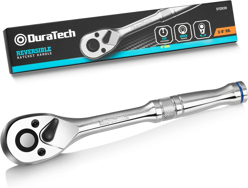 DURATECH 3-en-1 Manche à Cliquet Réversible 180 mm, Clé à Cliquet 1/4", 3/8", 1/2", Clé à Douille 72 Dents en Acier Allié pour Réparation Automobile