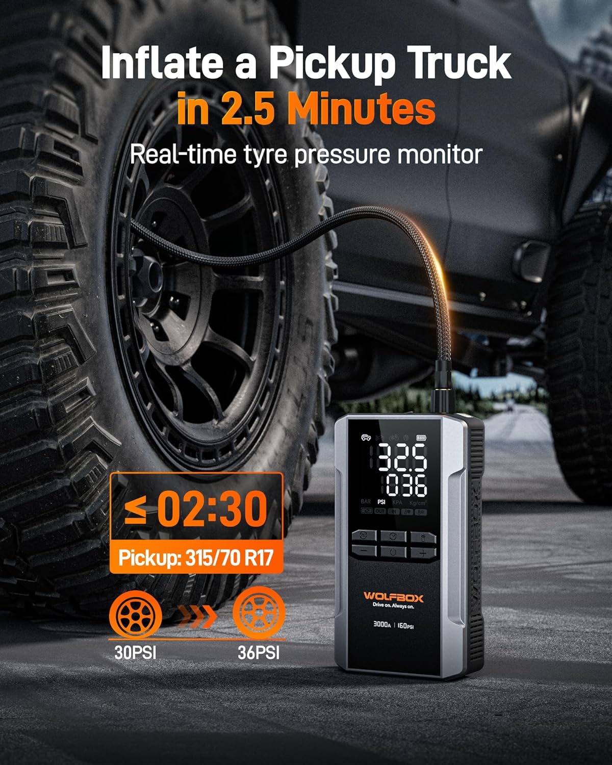 WOLFBOX 3000A Booster de démarrage 12 V avec compresseur d'air et batterie portable 59,2 Wh et 160 psi et recharge rapide 65 W compatible moteurs essence 8 L et diesel 6 L avec