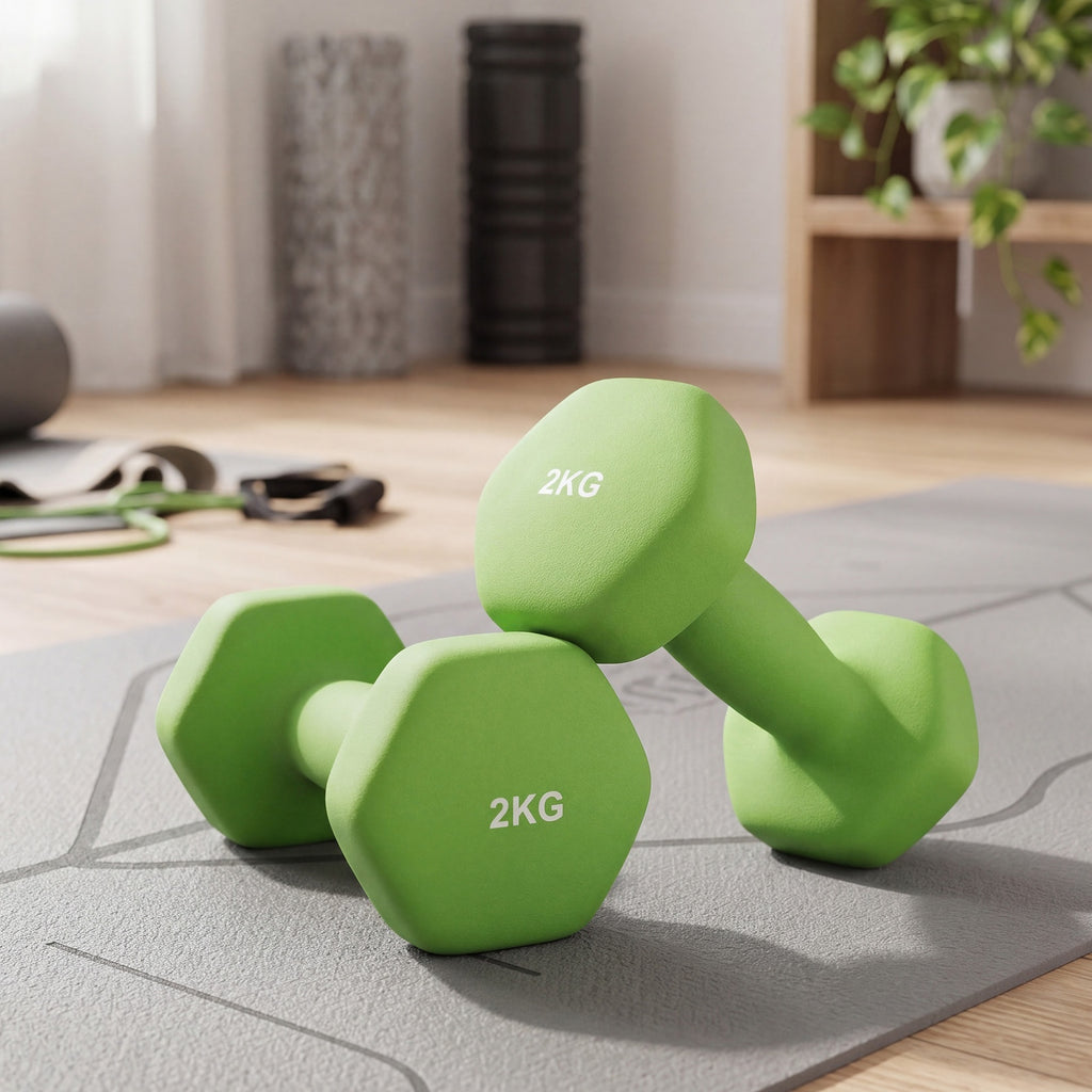 JOYFURNOSLot de 2 haltères, Poids en néoprène 2 x 2 kg, Hexagonaux, Pour entraînement à domicile et remise en forme, Vert