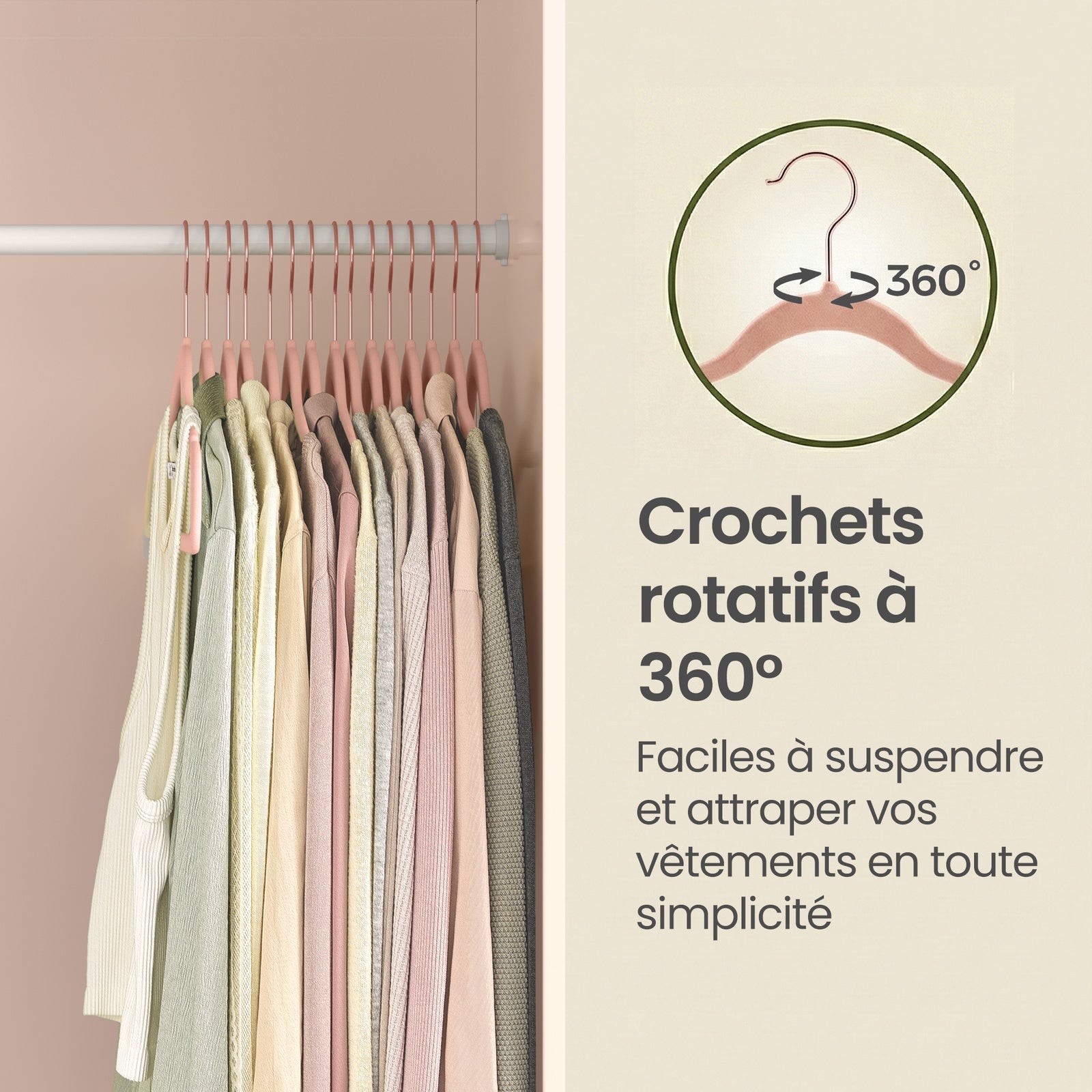 JOYFURNOS Lot de 50 cintres en velours de luxe – Or Rosé & Rose Clair, longueur 43,5 cm, ultra-fin 0,6 cm – antidérapants, gain de place