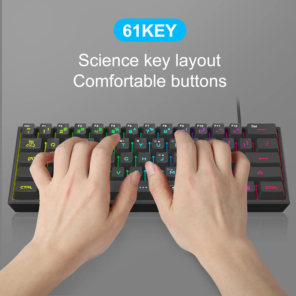 MageGee TS91 Clavier de jeu filaire 60 %, disposition QWERTY US, rétroéclairage RGB, 61 touches, ultra-compact, ergonomique, étanche, à l’aspect mécanique, pour PC, Mac, PS4 et Xbox One, idéal pour les joueurs (Noir)