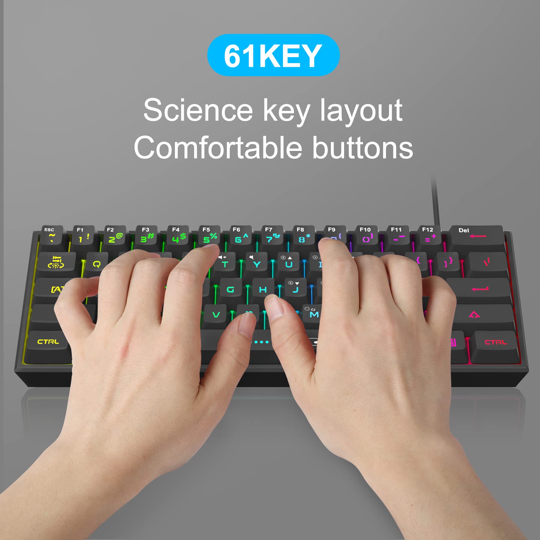 MageGee TS91 Clavier de jeu filaire 60 %, disposition QWERTY US, rétroéclairage RGB, 61 touches, ultra-compact, ergonomique, étanche, à l’aspect mécanique, pour PC, Mac, PS4 et Xbox One, idéal pour les joueurs (Noir)