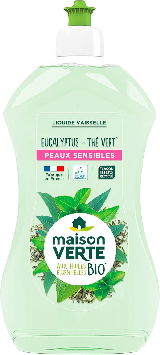 Maison Verte Liquide Vaisselle, Eucalyptus & Thé Vert, Huiles Essentielles Biologiques, 500 ml