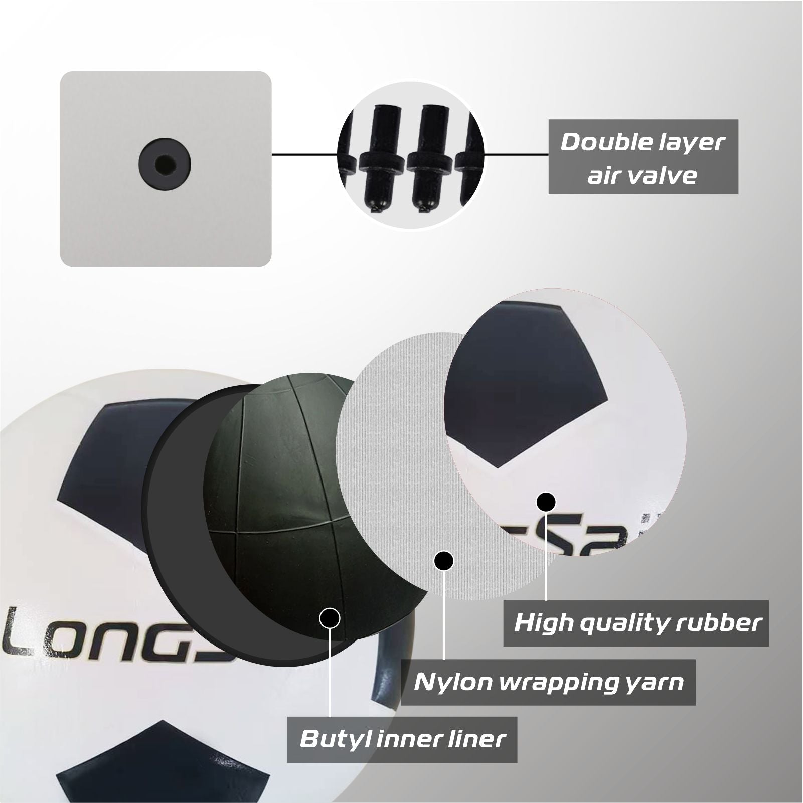 LONGSAIL Ballon de football en caoutchouc haute qualité blanc - Taille 4