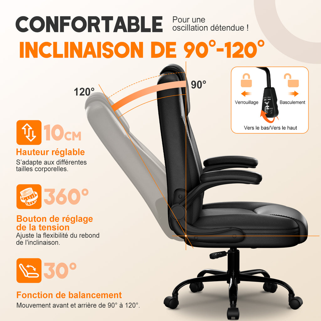 GTIMEX Chaise de Bureau Ergonomique en Similicuir, Accoudoirs Rabattables à 90°, Fonction Bascule 90-120°, Soutien Lombaire, Hauteur Réglable, Capacité de Charge 150 kg