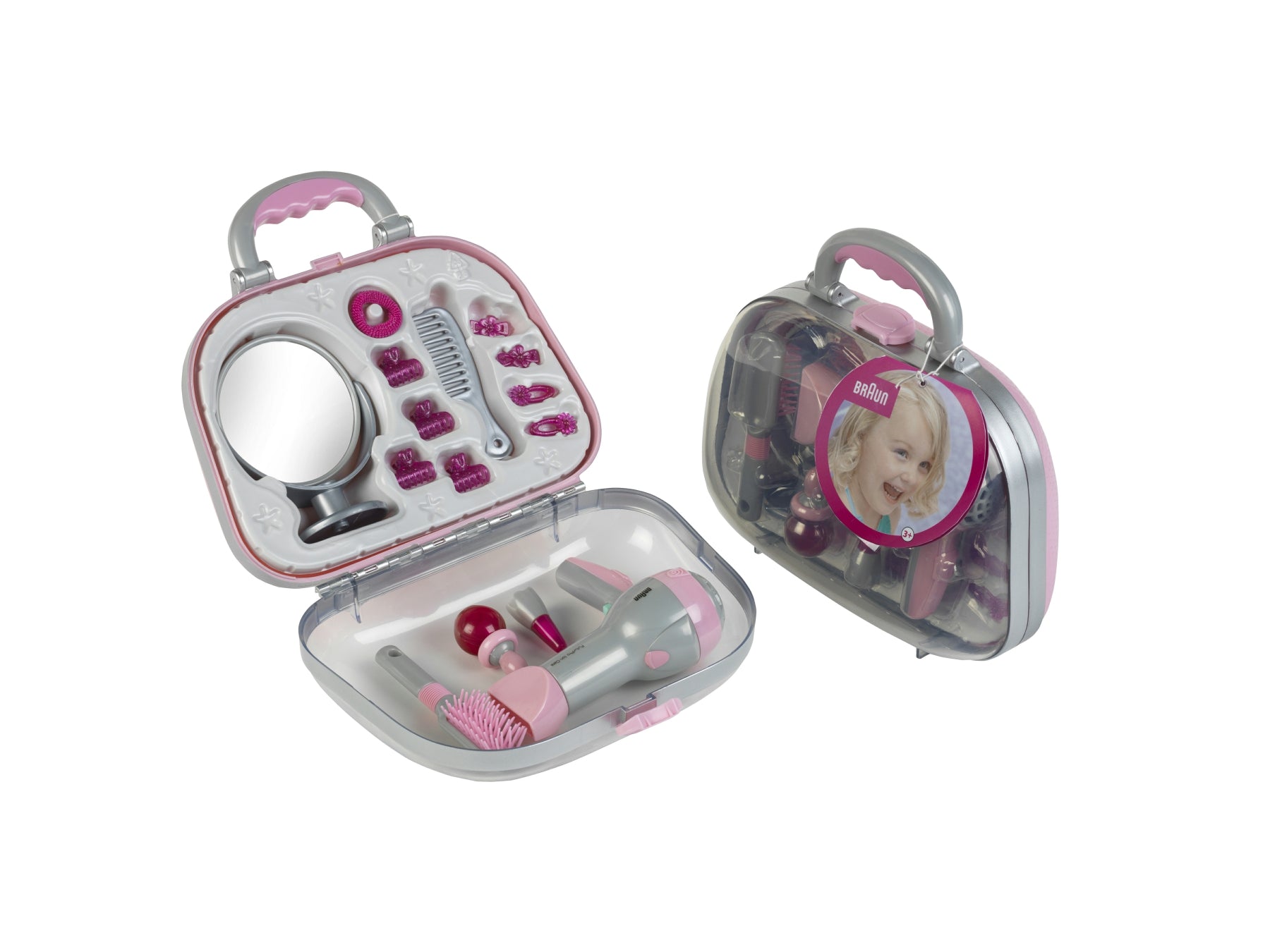 Theo Klein 5855 Mallette de coiffure avec sèche-cheveux Braun, miroir, peigne et accessoires, à piles, 27,5 cm x 11 cm x 22,2 cm, jouet enfant 3 ans et plus