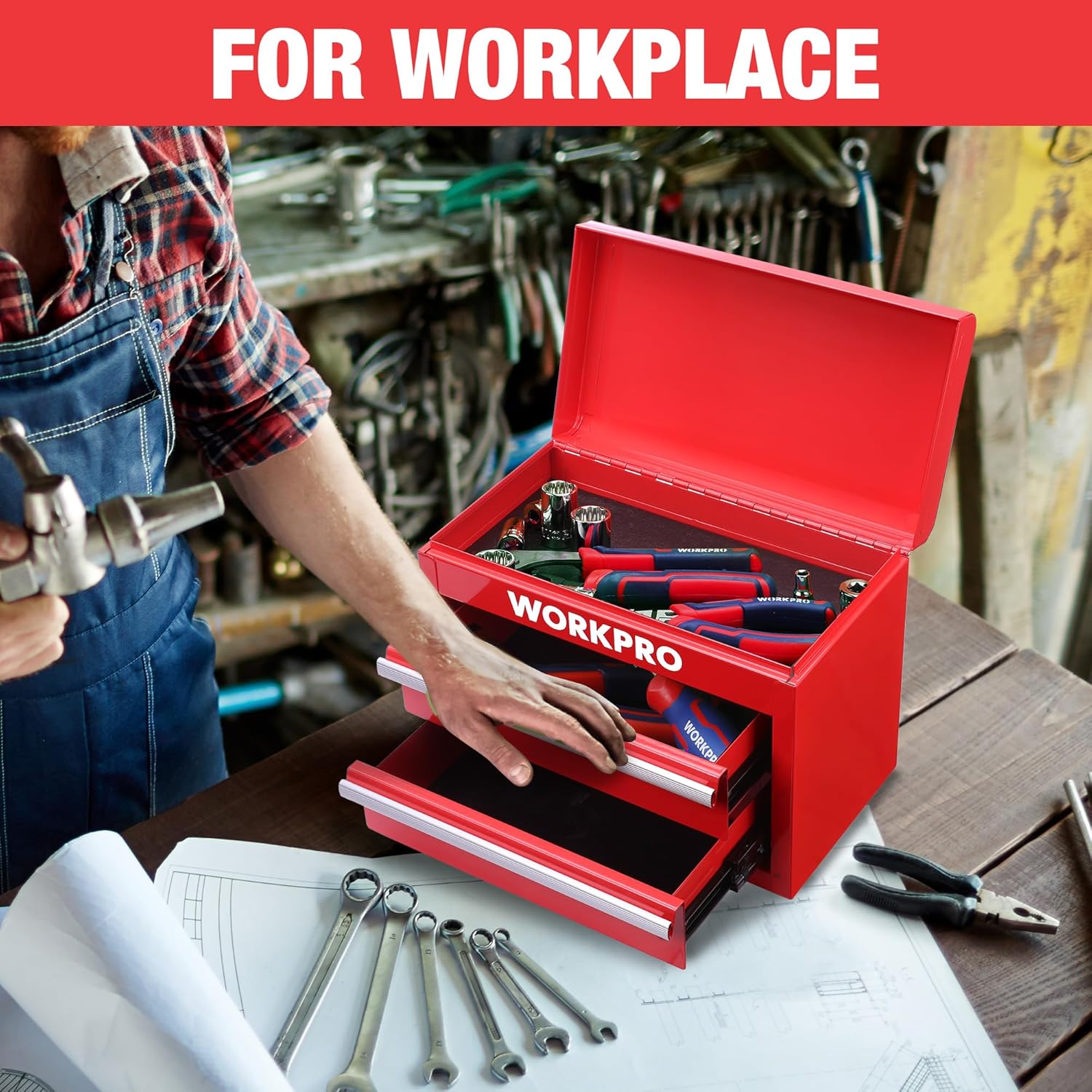 WORKPRO Boîte à tiroirs métallique avec 2 tiroirs et espace de rangement supérieur, Rouge, 27,5 x 15 x 20,8 cm, Organiseur de table avec tiroirs pour bureau, vestiaire et poste de travail